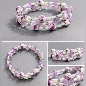 Artisan Made Ceramic & Amethyst Wire Memory Wrap Bracelet